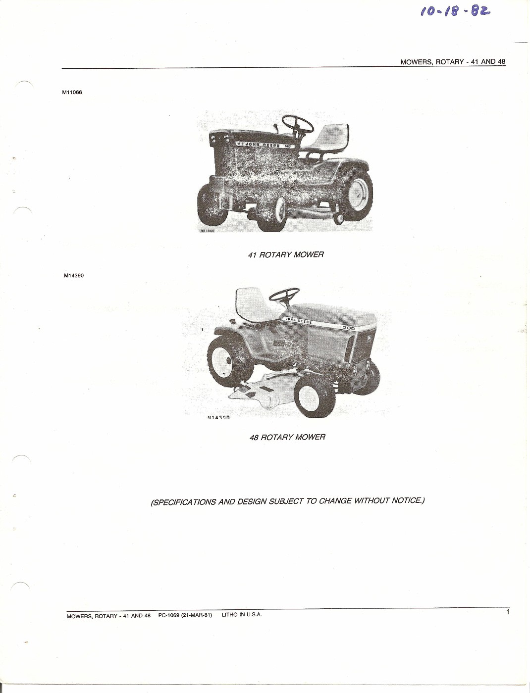 Photo John Deere 41 and 48 rotary mowers Parts Catalog 001 John