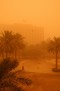 View of convention center grounds and apartment building in red zone during dust/sandstorm.