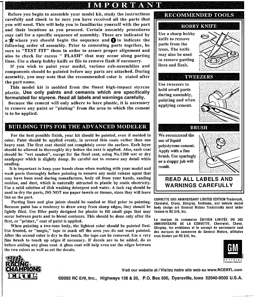 Photo AMT Corvette GS instructions 2 AMT 1996 Corvette Grand Sport