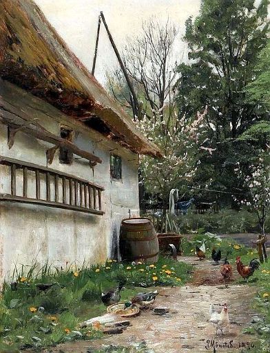 Farm Exterior with Chickens and Ducks (1890)