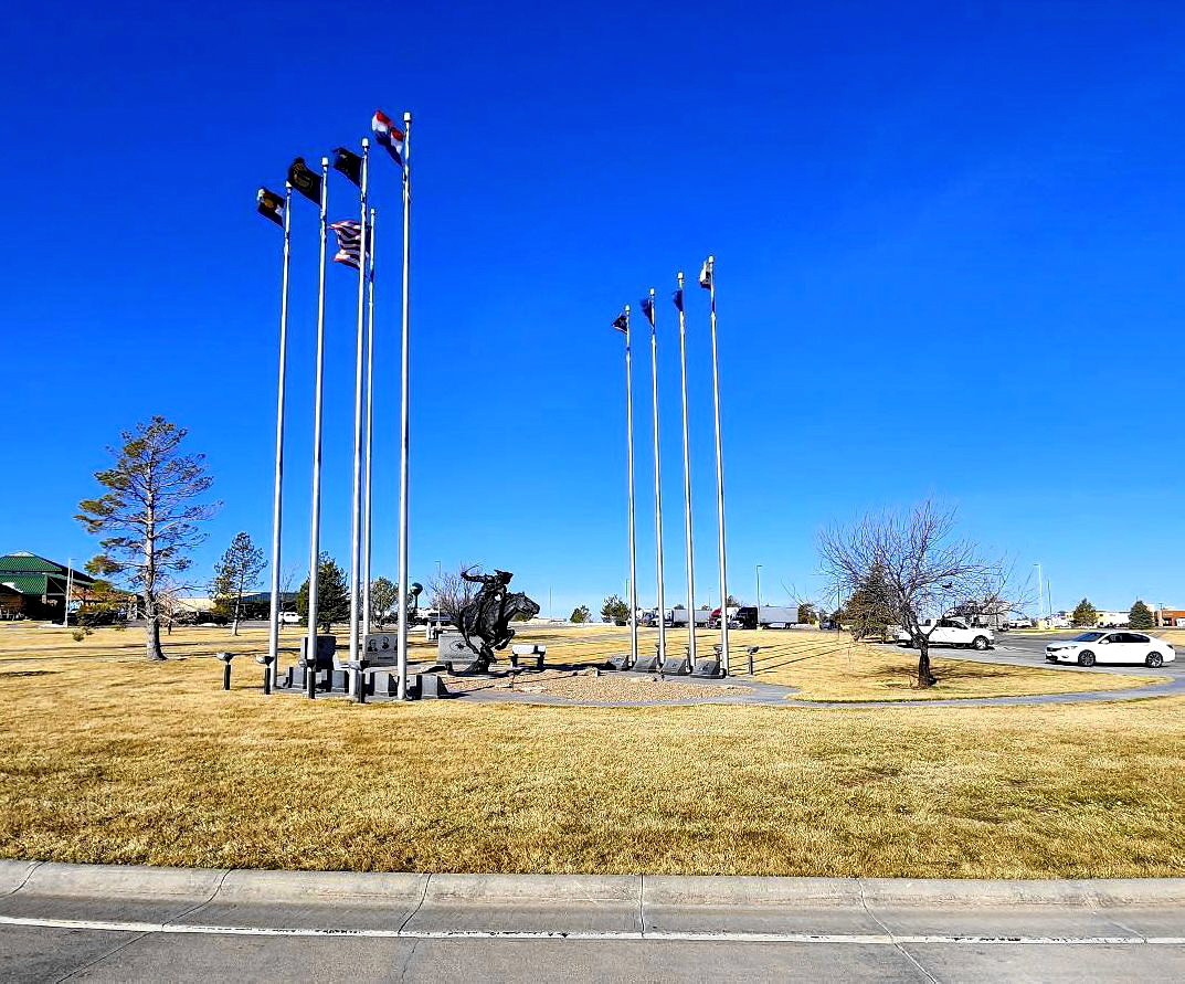 Photo Monument and 8 State Flags at the Pony Express Memorial in